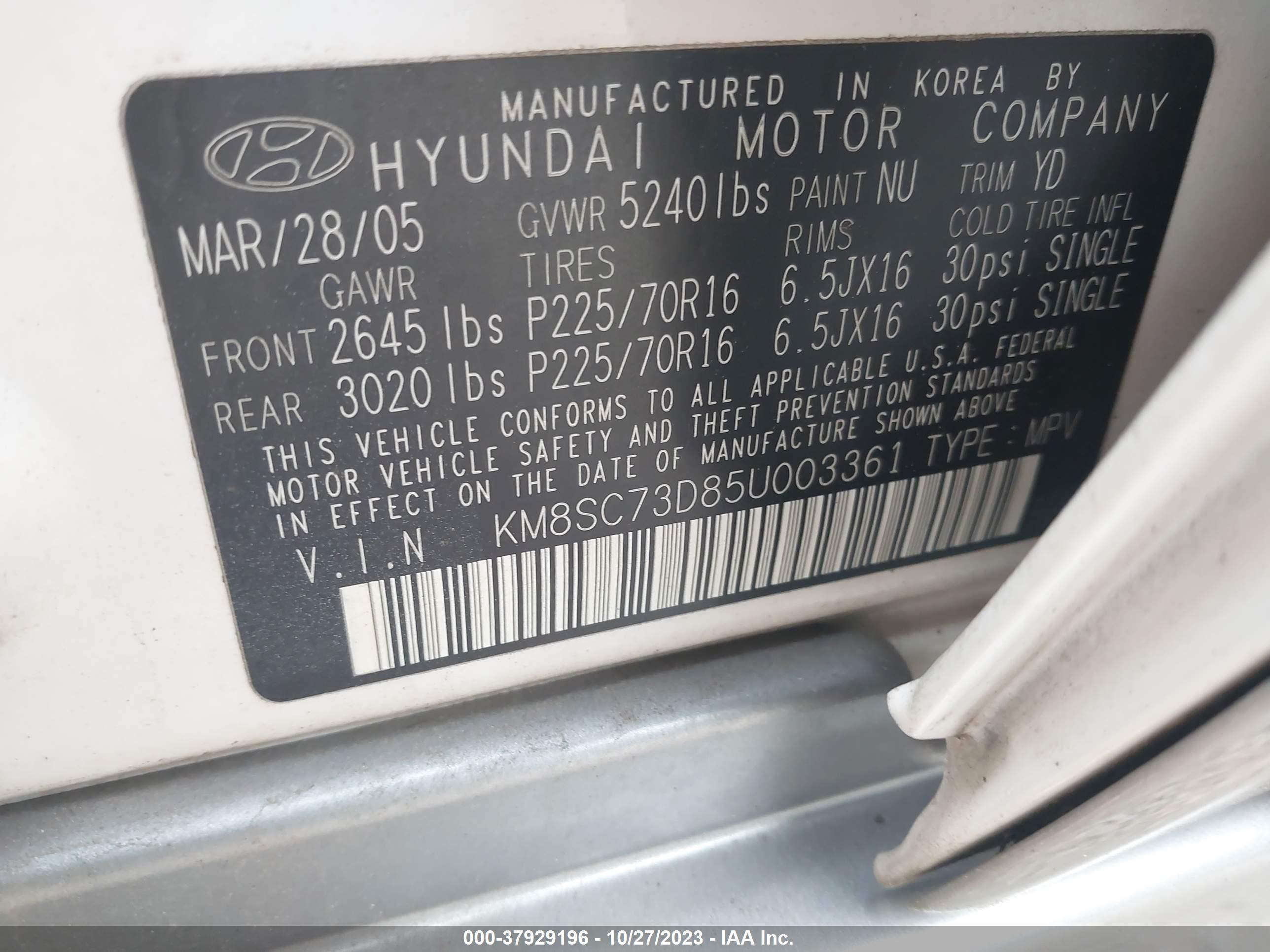 Photo 8 VIN: KM8SC73D85U003361 - HYUNDAI SANTA FE 