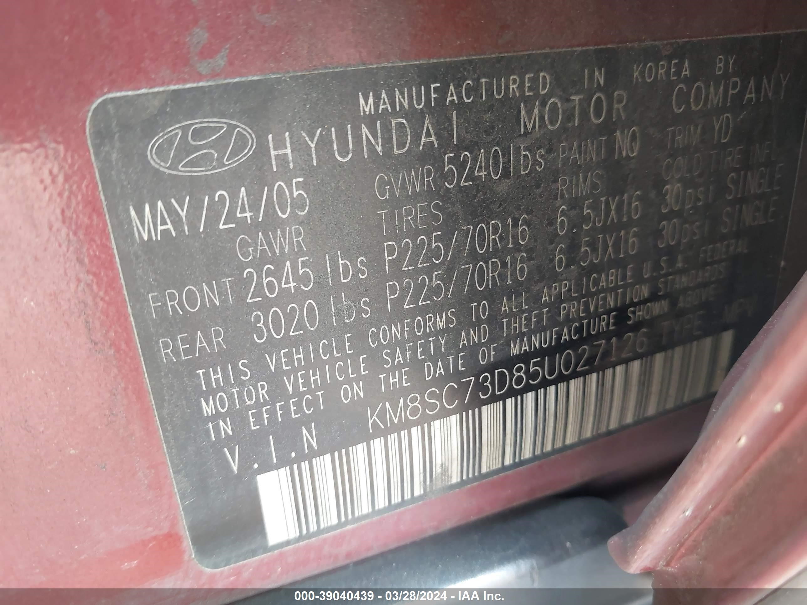 Photo 8 VIN: KM8SC73D85U027126 - HYUNDAI SANTA FE 