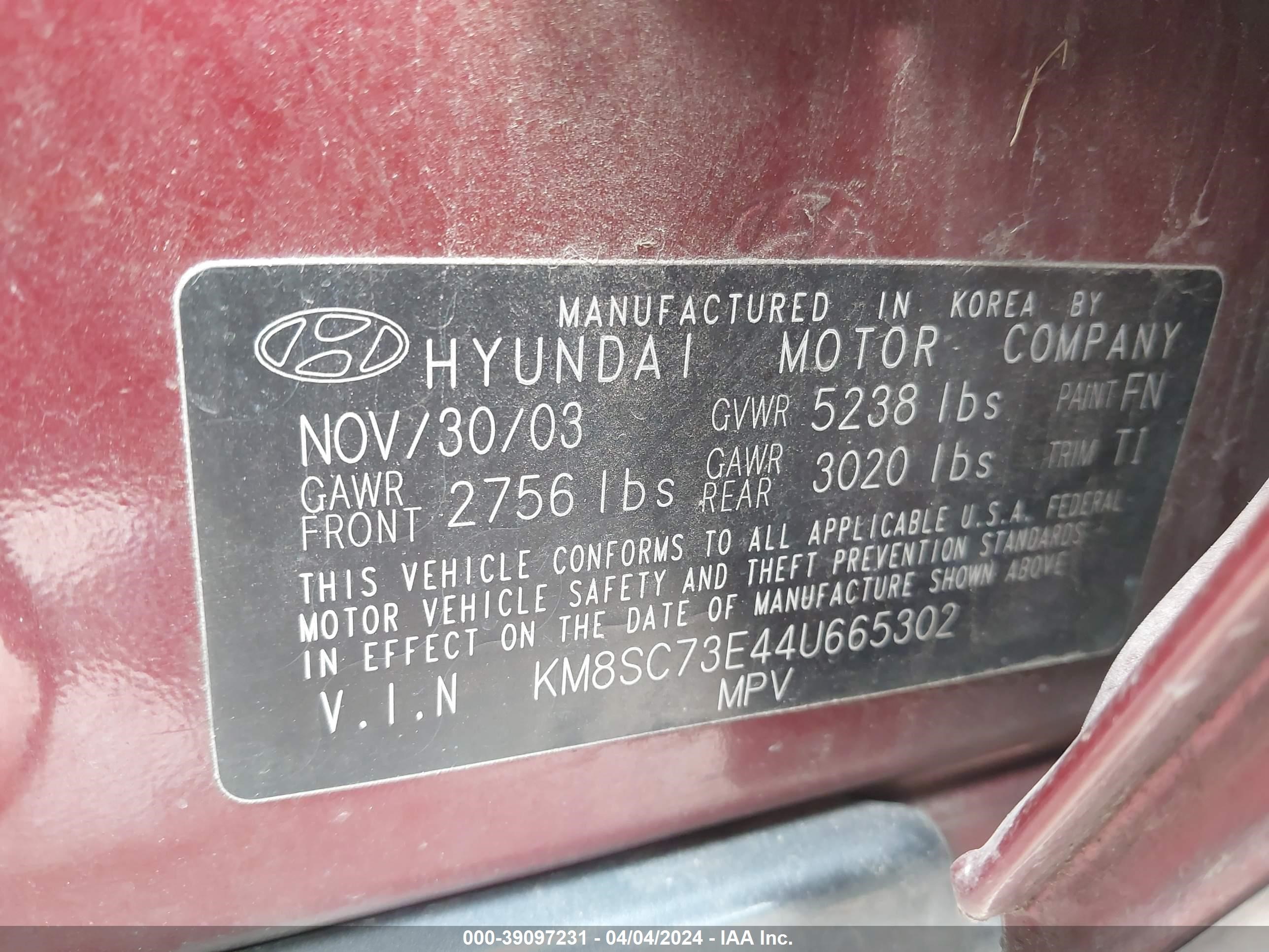 Photo 8 VIN: KM8SC73E44U665302 - HYUNDAI SANTA FE 