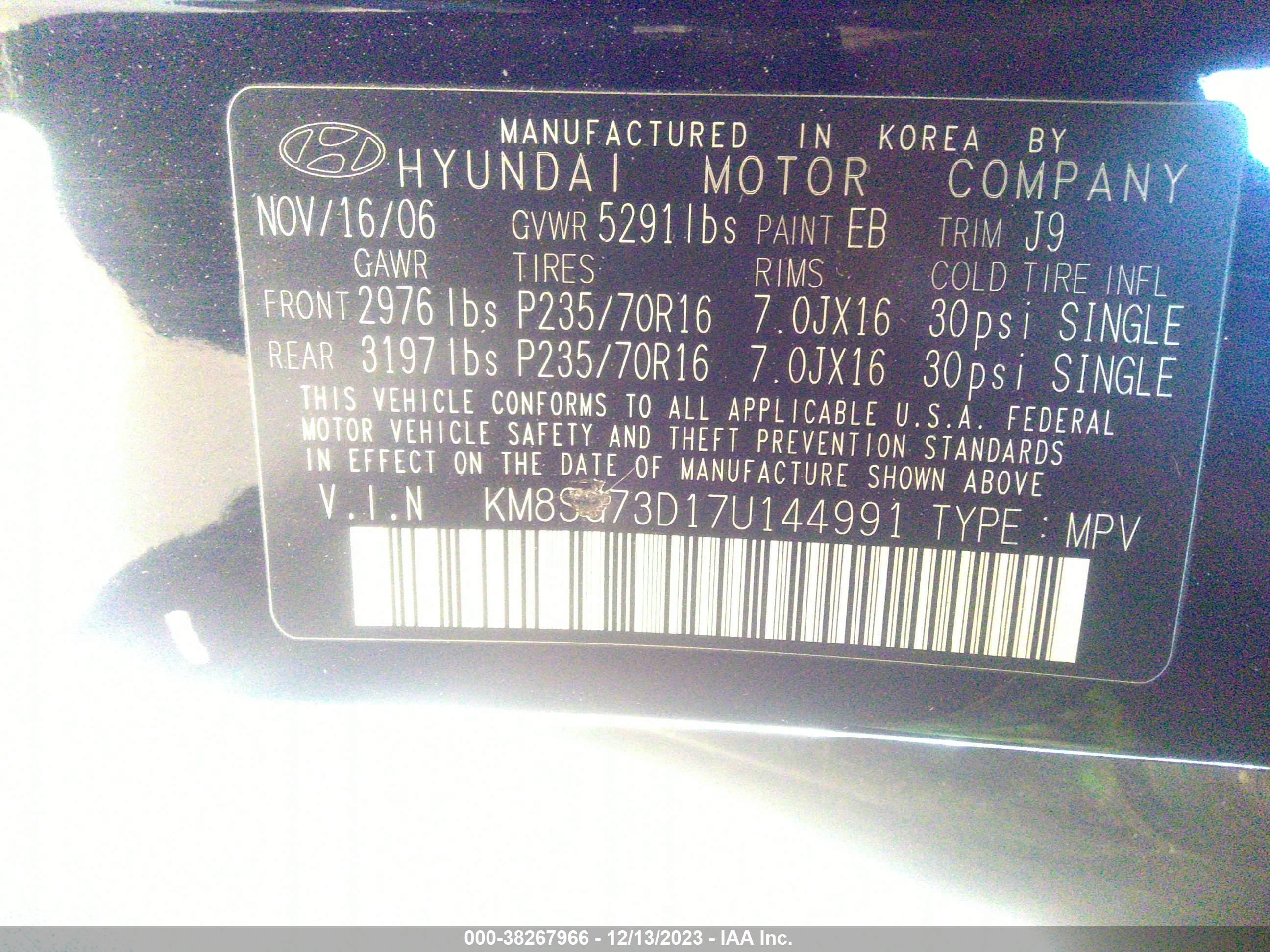 Photo 8 VIN: KM8SG73D17U144991 - HYUNDAI SANTA FE 