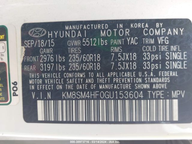 Photo 8 VIN: KM8SM4HF0GU153604 - HYUNDAI SANTA FE 