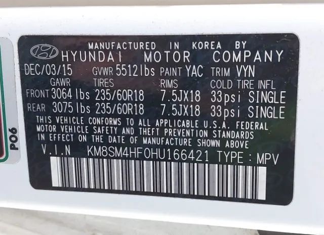 Photo 8 VIN: KM8SM4HF0HU166421 - HYUNDAI SANTA FE 