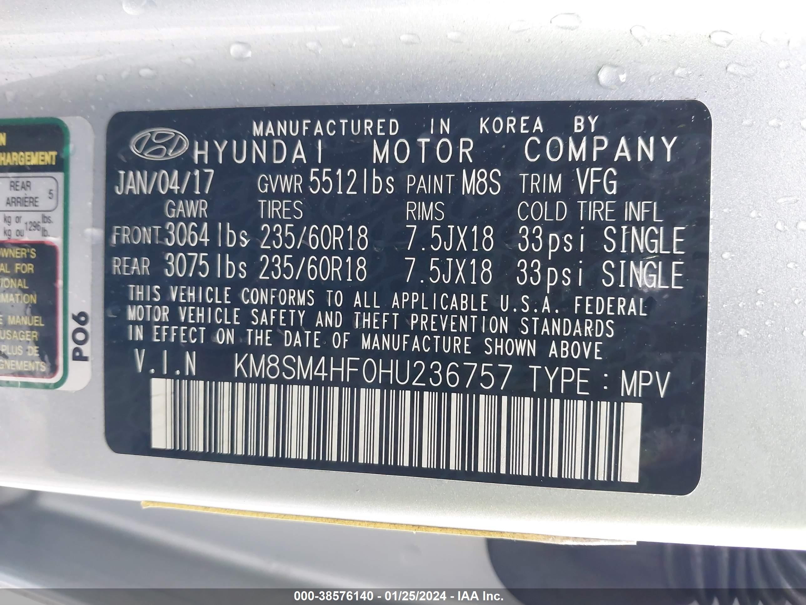 Photo 8 VIN: KM8SM4HF0HU236757 - HYUNDAI SANTA FE 