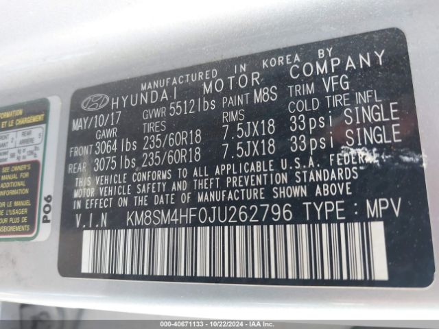 Photo 8 VIN: KM8SM4HF0JU262796 - HYUNDAI SANTA FE 