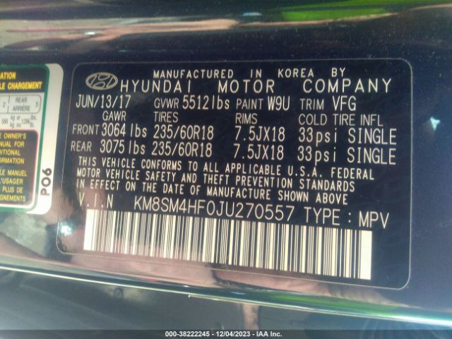 Photo 8 VIN: KM8SM4HF0JU270557 - HYUNDAI SANTA FE 