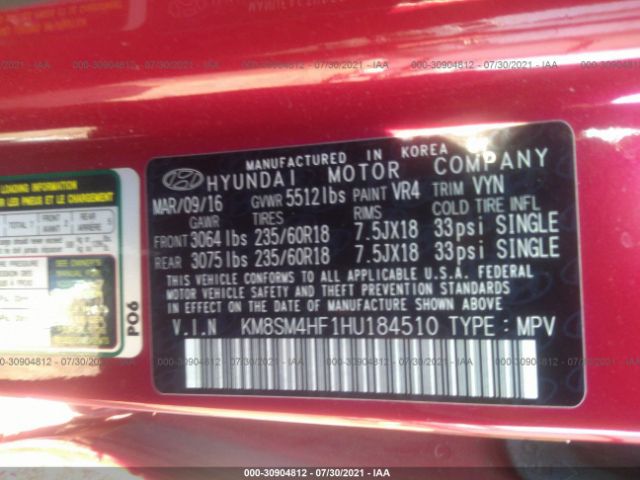 Photo 8 VIN: KM8SM4HF1HU184510 - HYUNDAI SANTA FE 