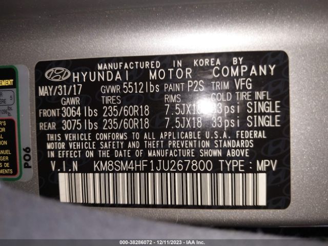 Photo 8 VIN: KM8SM4HF1JU267800 - HYUNDAI SANTA FE 