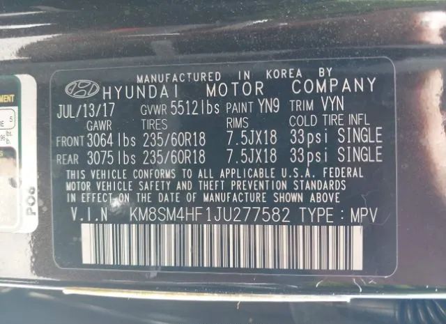 Photo 8 VIN: KM8SM4HF1JU277582 - HYUNDAI SANTA FE 