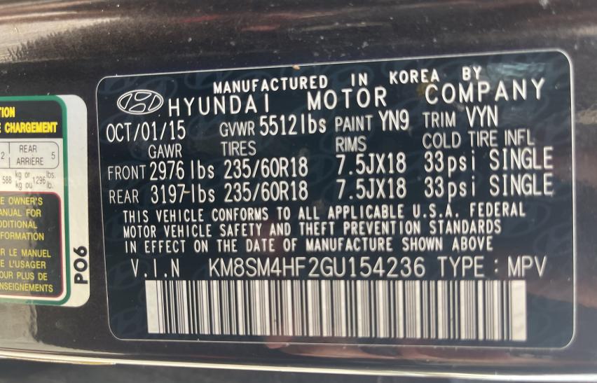 Photo 9 VIN: KM8SM4HF2GU154236 - HYUNDAI SANTA FE S 