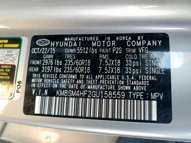 Photo 9 VIN: KM8SM4HF2GU158559 - HYUNDAI SANTA FE S 