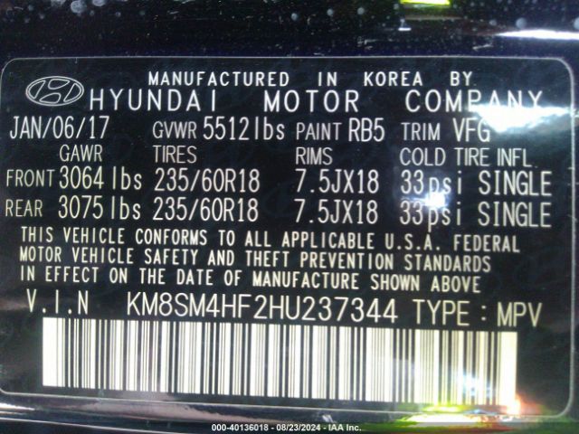 Photo 8 VIN: KM8SM4HF2HU237344 - HYUNDAI SANTA FE 