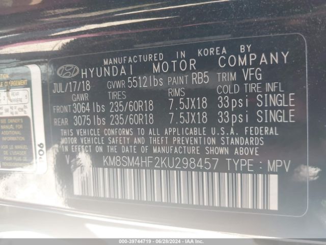 Photo 8 VIN: KM8SM4HF2KU298457 - HYUNDAI SANTA FE XL 