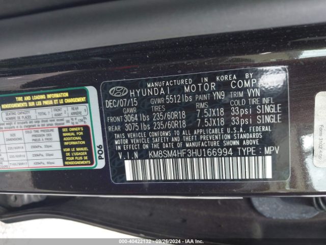 Photo 8 VIN: KM8SM4HF3HU166994 - HYUNDAI SANTA FE 