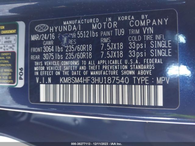 Photo 8 VIN: KM8SM4HF3HU187540 - HYUNDAI SANTA FE 