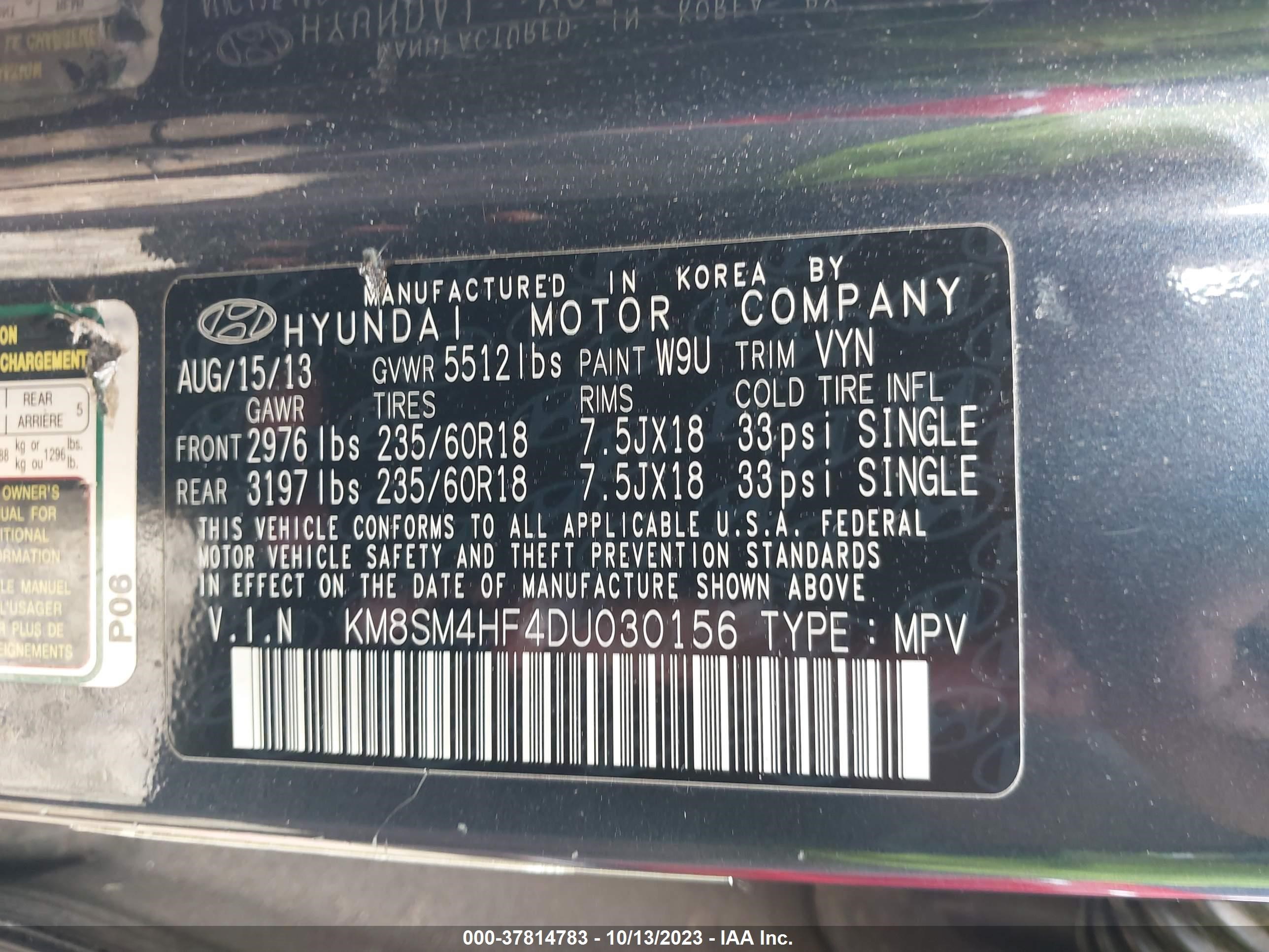 Photo 8 VIN: KM8SM4HF4DU030156 - HYUNDAI SANTA FE 