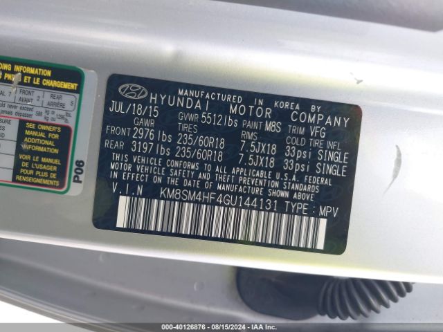 Photo 8 VIN: KM8SM4HF4GU144131 - HYUNDAI SANTA FE 