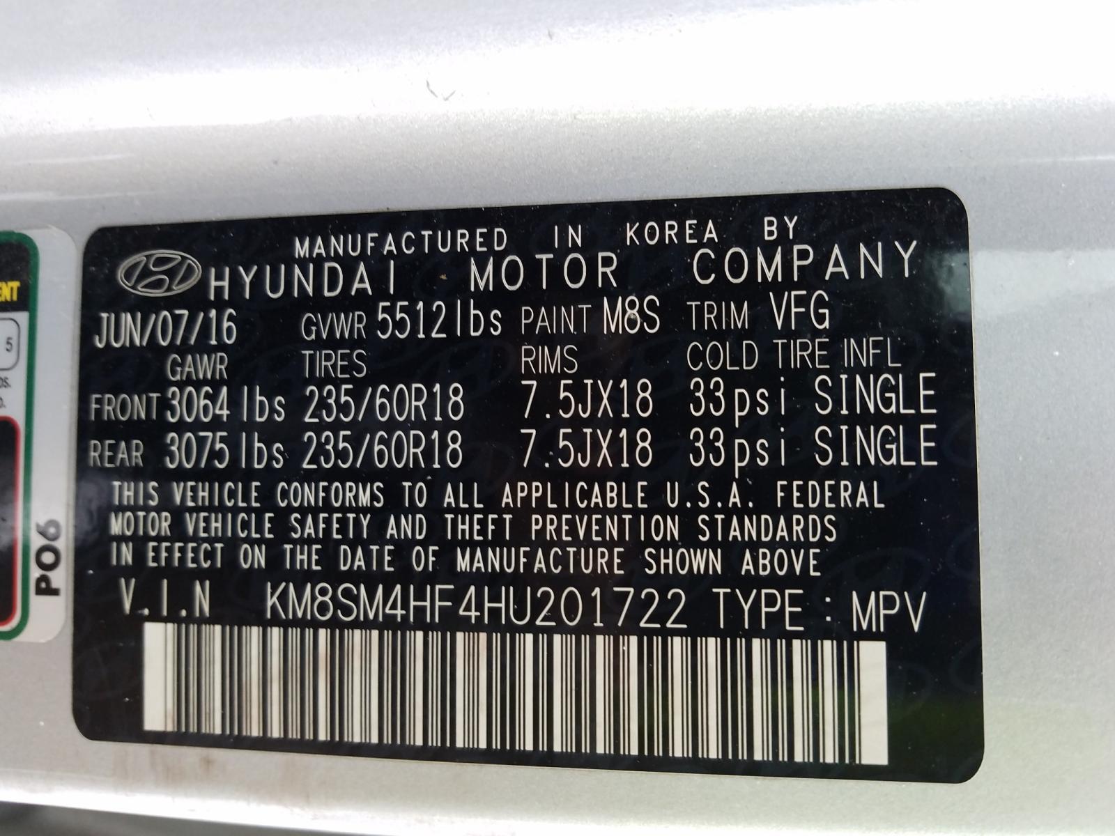 Photo 9 VIN: KM8SM4HF4HU201722 - HYUNDAI SANTA FE S 