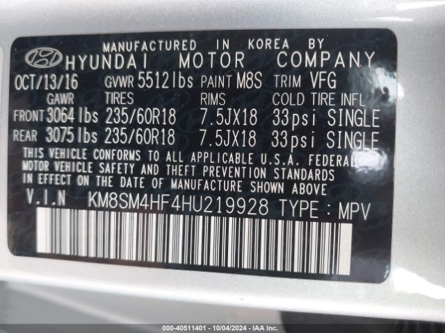 Photo 8 VIN: KM8SM4HF4HU219928 - HYUNDAI SANTA FE 