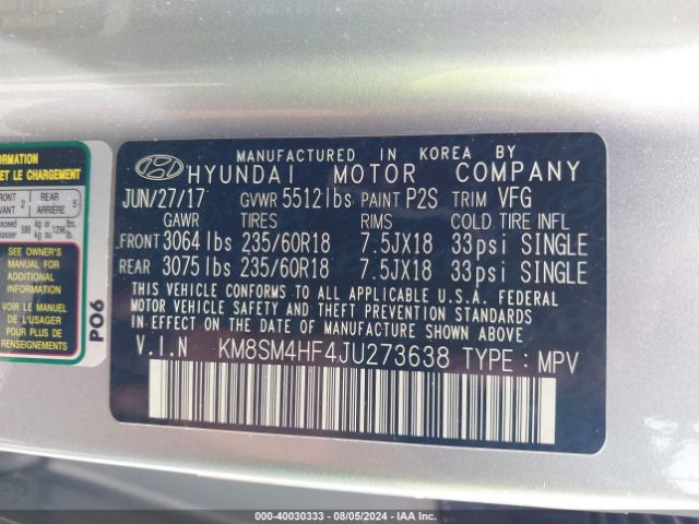 Photo 8 VIN: KM8SM4HF4JU273638 - HYUNDAI SANTA FE 