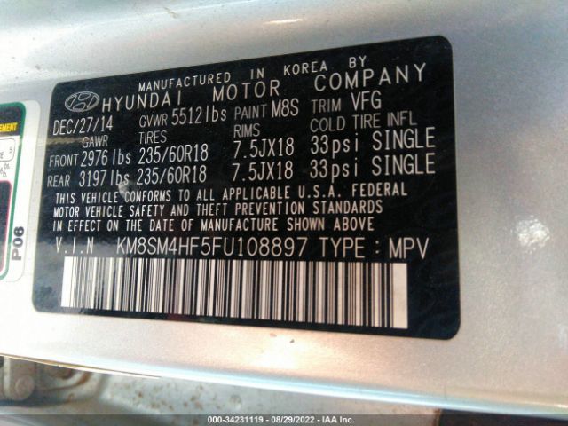 Photo 8 VIN: KM8SM4HF5FU108897 - HYUNDAI SANTA FE 