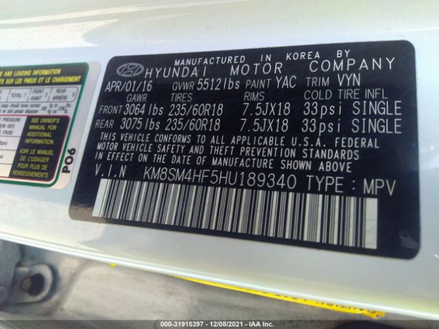 Photo 8 VIN: KM8SM4HF5HU189340 - HYUNDAI SANTA FE 