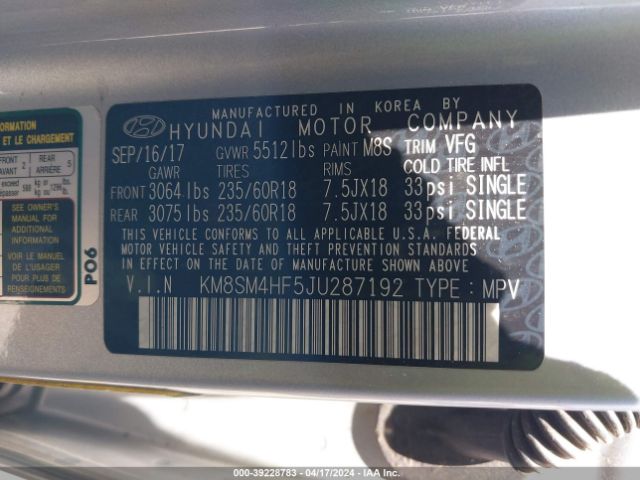 Photo 8 VIN: KM8SM4HF5JU287192 - HYUNDAI SANTA FE 