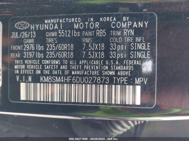 Photo 8 VIN: KM8SM4HF6DU027873 - HYUNDAI SANTA FE 