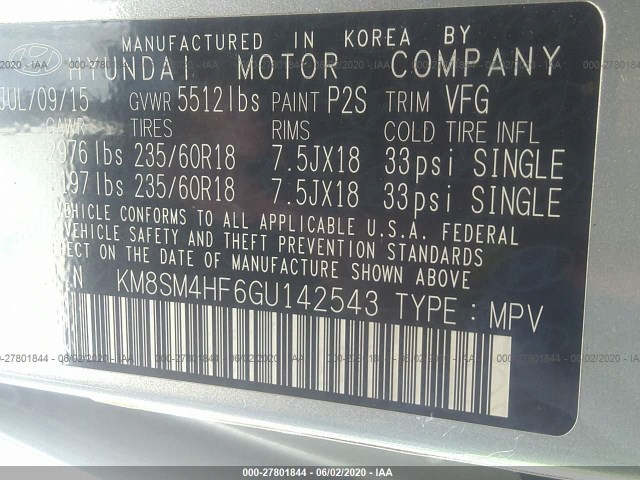 Photo 8 VIN: KM8SM4HF6GU142543 - HYUNDAI SANTA FE 