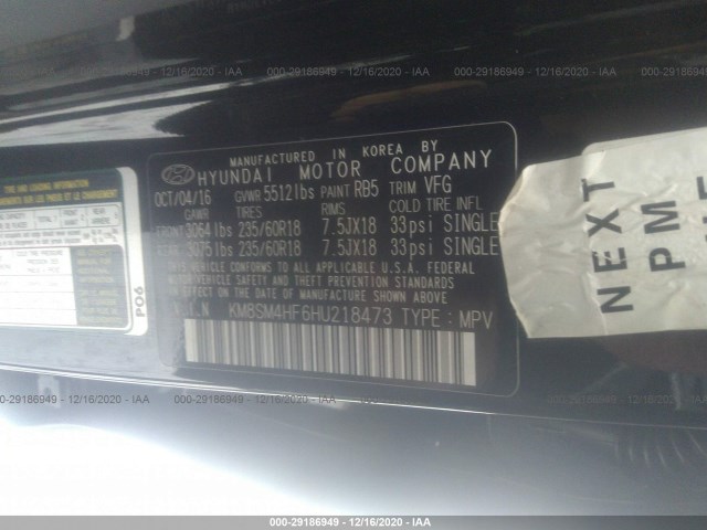 Photo 8 VIN: KM8SM4HF6HU218473 - HYUNDAI SANTA FE 