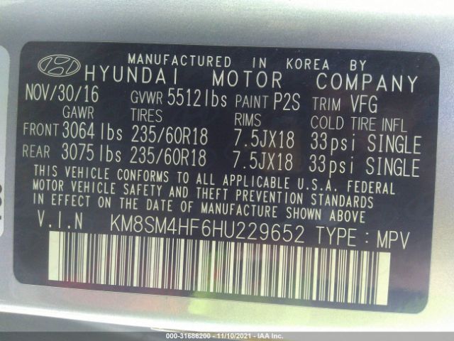 Photo 8 VIN: KM8SM4HF6HU229652 - HYUNDAI SANTA FE 