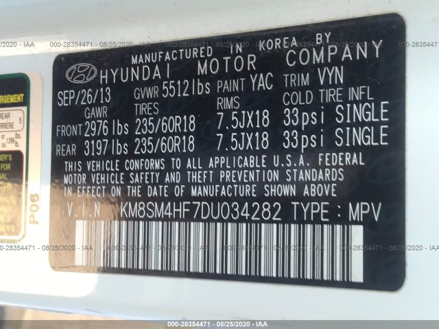 Photo 8 VIN: KM8SM4HF7DU034282 - HYUNDAI SANTA FE 