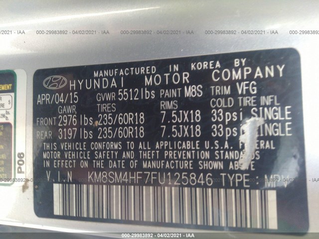 Photo 8 VIN: KM8SM4HF7FU125846 - HYUNDAI SANTA FE 