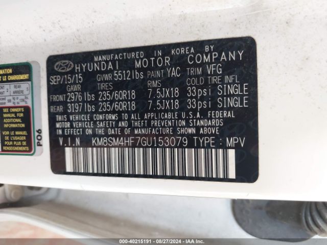 Photo 8 VIN: KM8SM4HF7GU153079 - HYUNDAI SANTA FE 