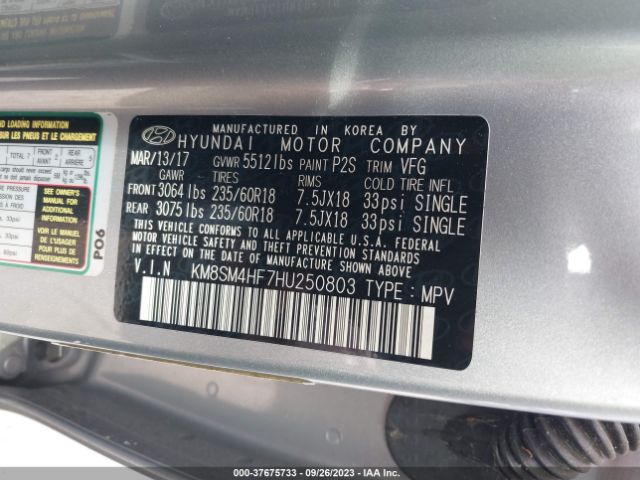 Photo 8 VIN: KM8SM4HF7HU250803 - HYUNDAI SANTA FE 