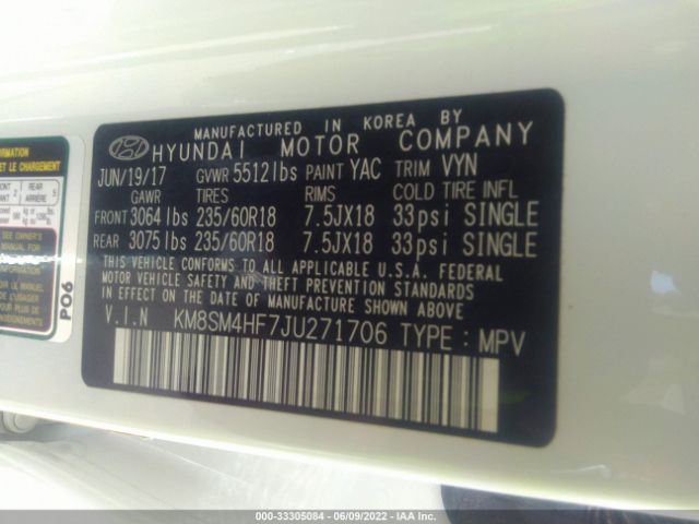 Photo 8 VIN: KM8SM4HF7JU271706 - HYUNDAI SANTA FE 