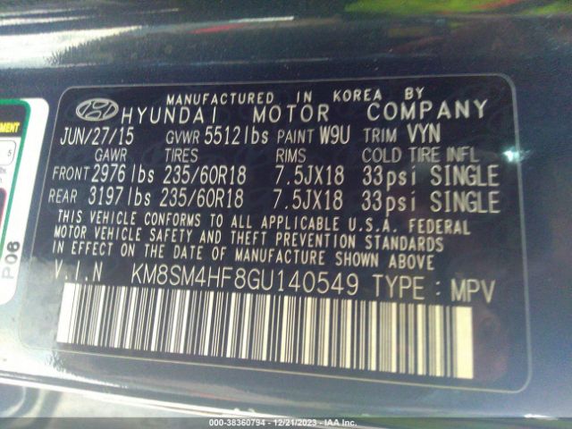 Photo 8 VIN: KM8SM4HF8GU140549 - HYUNDAI SANTA FE 