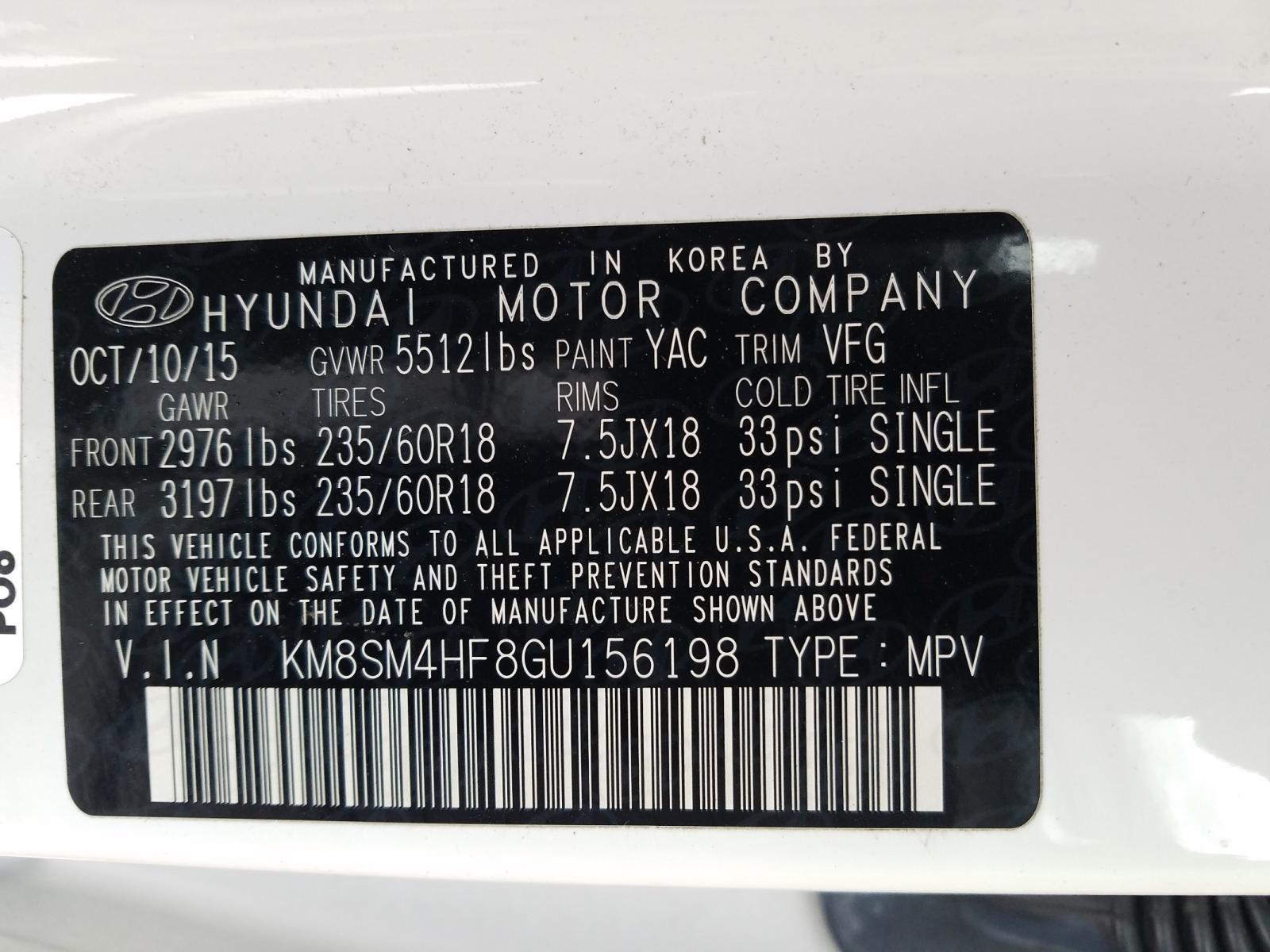 Photo 9 VIN: KM8SM4HF8GU156198 - HYUNDAI SANTA FE S 