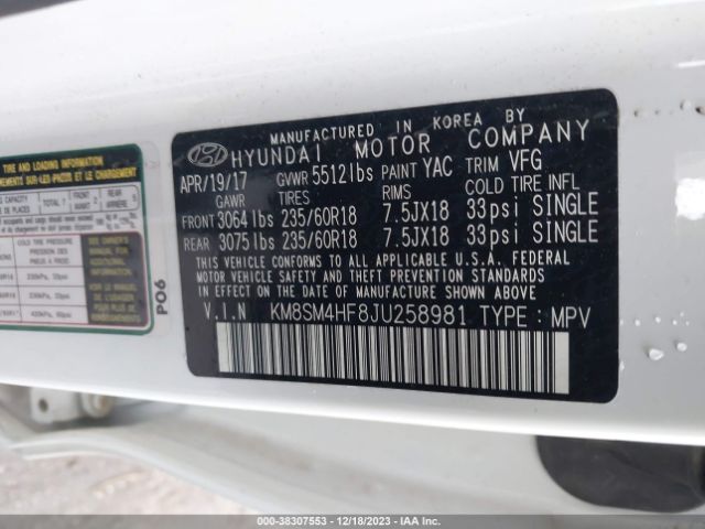 Photo 8 VIN: KM8SM4HF8JU258981 - HYUNDAI SANTA FE 