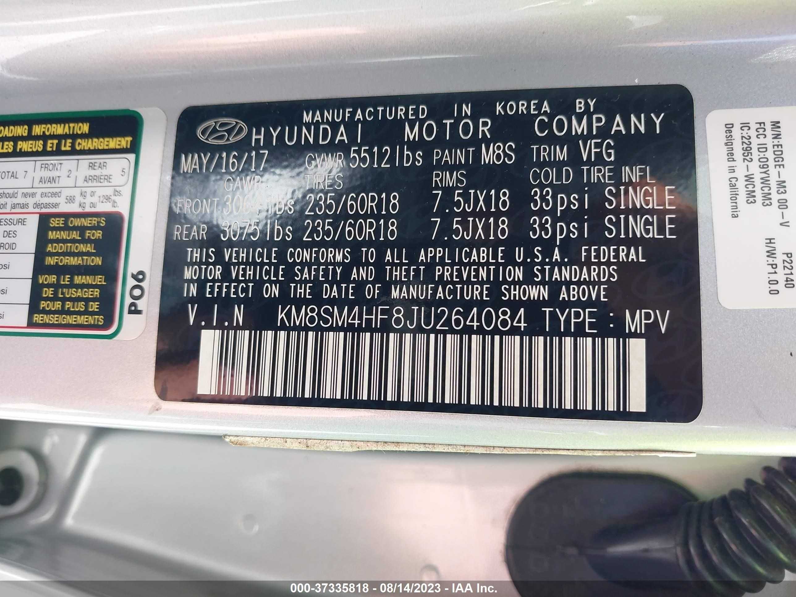 Photo 8 VIN: KM8SM4HF8JU264084 - HYUNDAI SANTA FE 