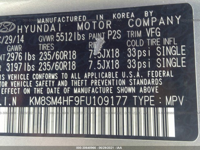 Photo 8 VIN: KM8SM4HF9FU109177 - HYUNDAI SANTA FE 