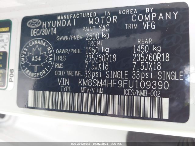 Photo 8 VIN: KM8SM4HF9FU109390 - HYUNDAI SANTA FE XL 