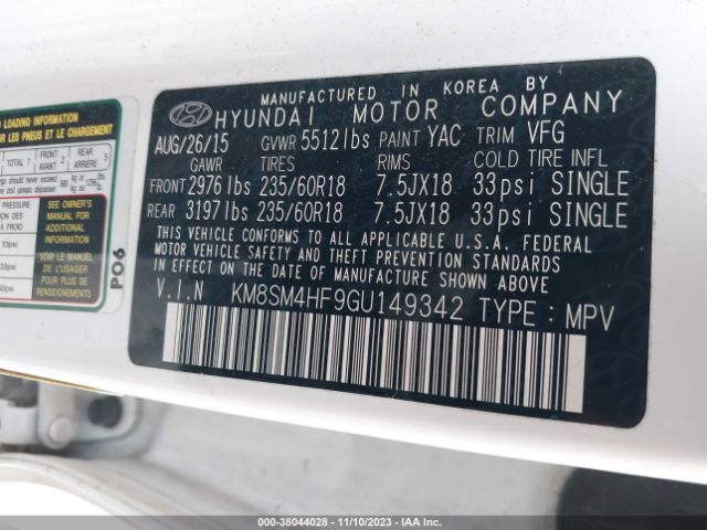 Photo 8 VIN: KM8SM4HF9GU149342 - HYUNDAI SANTA FE 