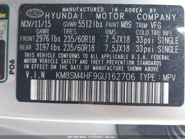 Photo 8 VIN: KM8SM4HF9GU162706 - HYUNDAI SANTA FE 