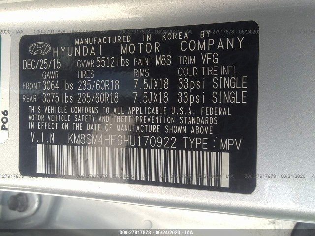 Photo 8 VIN: KM8SM4HF9HU170922 - HYUNDAI SANTA FE 