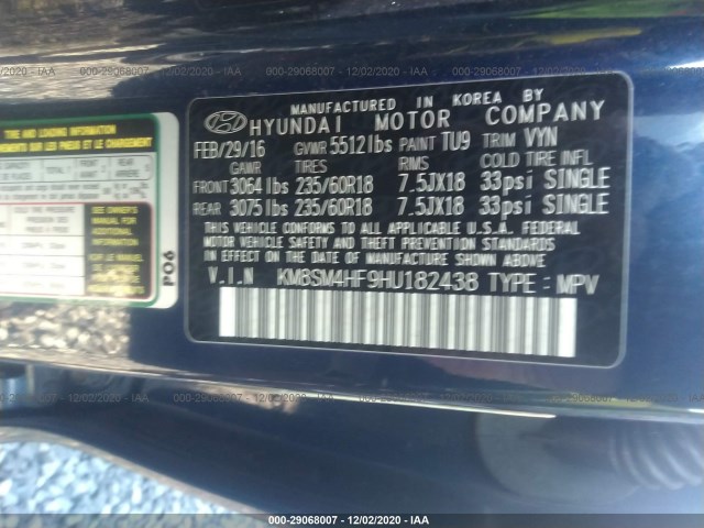 Photo 8 VIN: KM8SM4HF9HU182438 - HYUNDAI SANTA FE 