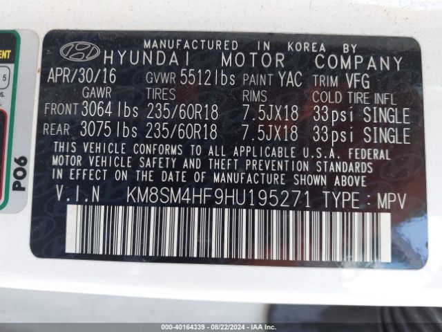 Photo 8 VIN: KM8SM4HF9HU195271 - HYUNDAI SANTA FE 