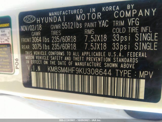 Photo 8 VIN: KM8SM4HF9KU308644 - HYUNDAI SANTA FE XL 