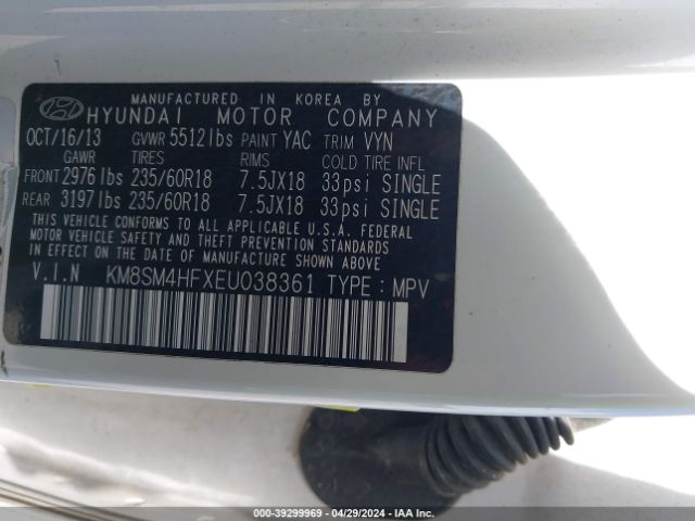 Photo 8 VIN: KM8SM4HFXEU038361 - HYUNDAI SANTA FE 