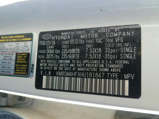 Photo 9 VIN: KM8SM4HFXHU181847 - HYUNDAI SANTA FE S 