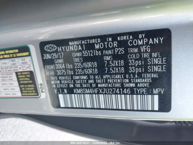 Photo 8 VIN: KM8SM4HFXJU274146 - HYUNDAI SANTA FE 